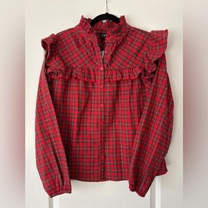 Women’s NWT Fate ruffled red plaid long sleeve button down shirt. Size M. $50